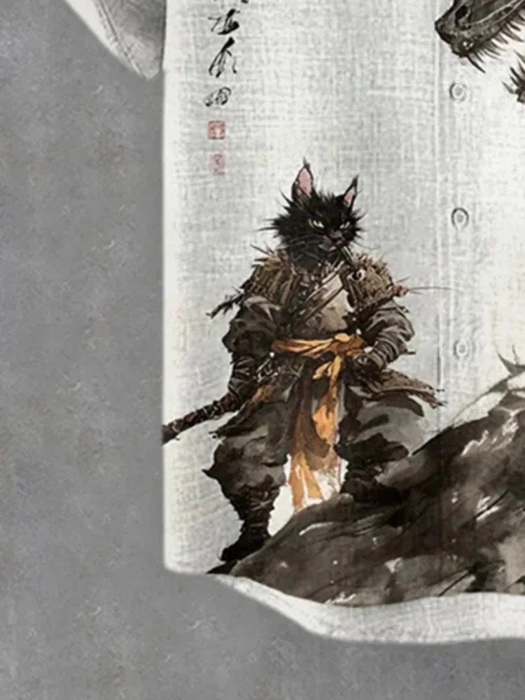 Men's Cat Warrior And Dragon Duel Ink Painting Art Print Short Sleeve Shirt Casual Loose Holiday Lapel White Harajuku Boho Tunic