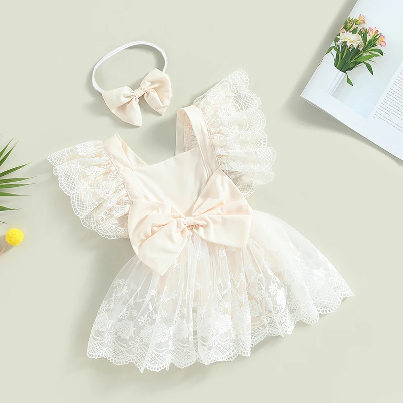 Baby Girl Lace Romper Dress Fly Sleeve Floral Jumpsuit Bodysuit with Headband Newborn Summer Clothes