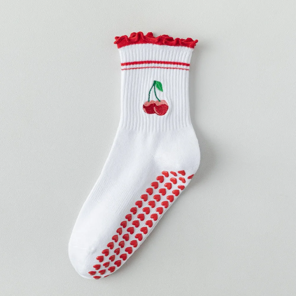 

New Cotton Pilates Socks Breathable Sweat-absorbent Yoga Socks Non-Slip Grip Casual Cherry Embroidery Socks