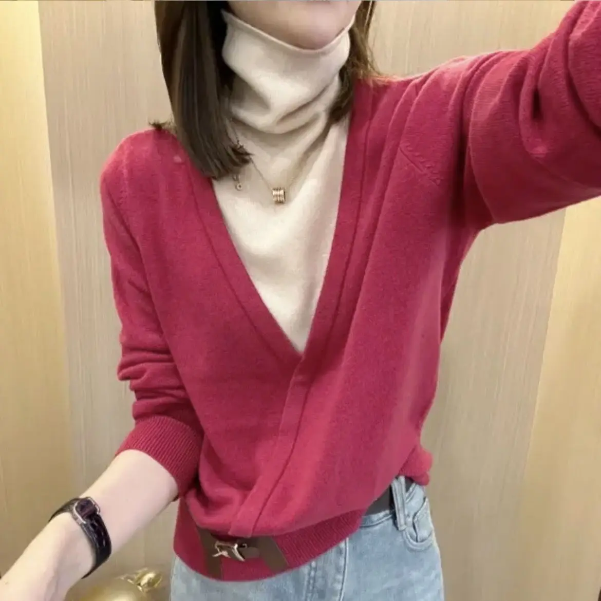 

Поддельный женский свитер из двух частей с ворсовым воротником в осенне-зимнем стиле, непринужденный повседневный и элегантный универсальный вязаный топ ZT129