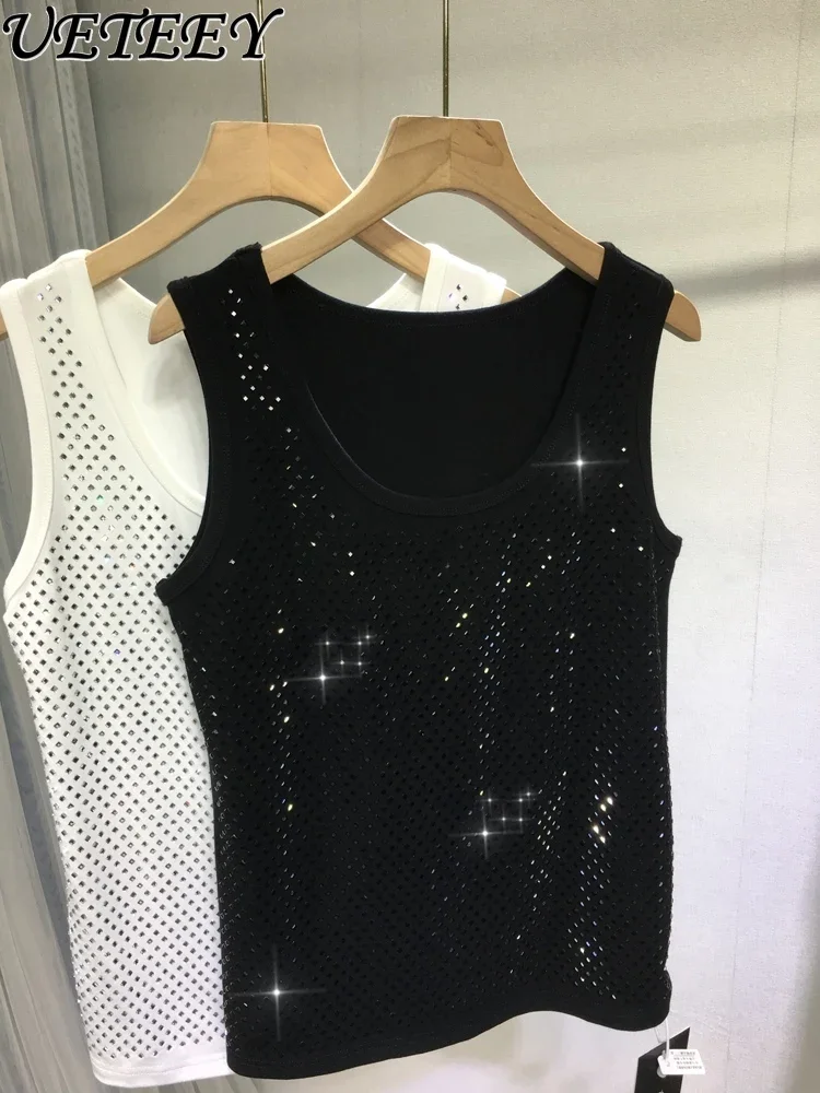 Heavy Embroidery Hot Drilling Shiny Vest Top Women 2024 Spring New Cotton Versatile Round Neck Sleeveless Knitted Sweater Top