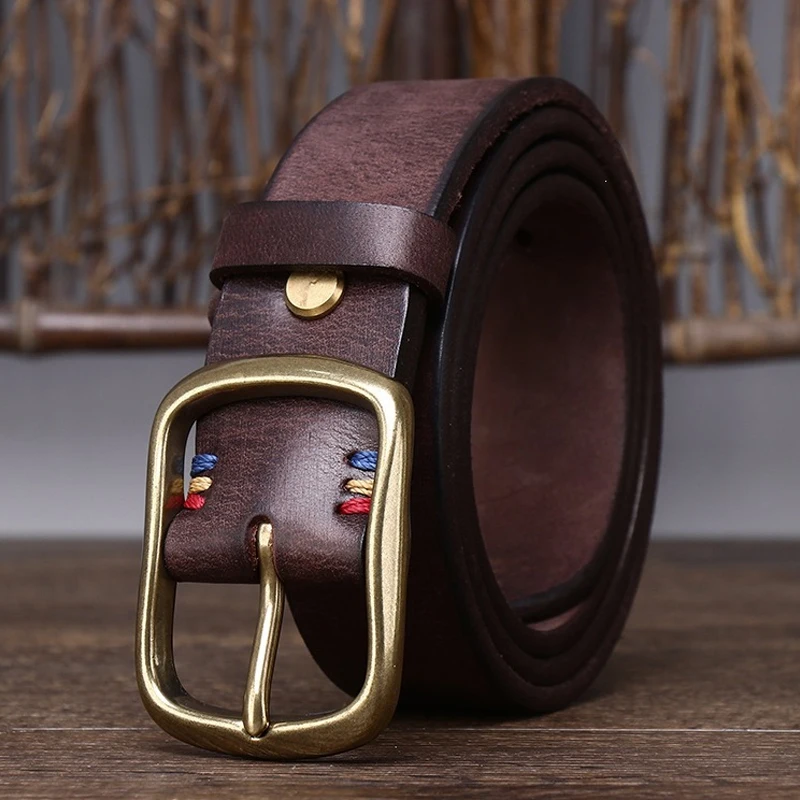 Italy Thick Cowhide Handmade Copper Buckle Genuine Leather Belt for Jeans High Quality Western Cowboy Heavy Duty Waist Strap