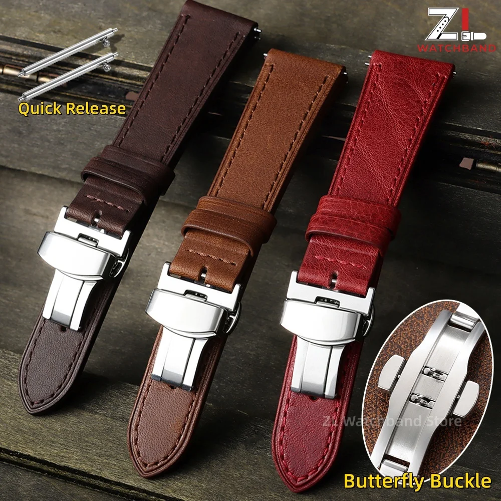 Leather Watch Band 18mm 20mm 22mm 24mm Vintage Universal Strap for Seiko for Omega Quick Release Butterfly Buckle Retro Bracelet
