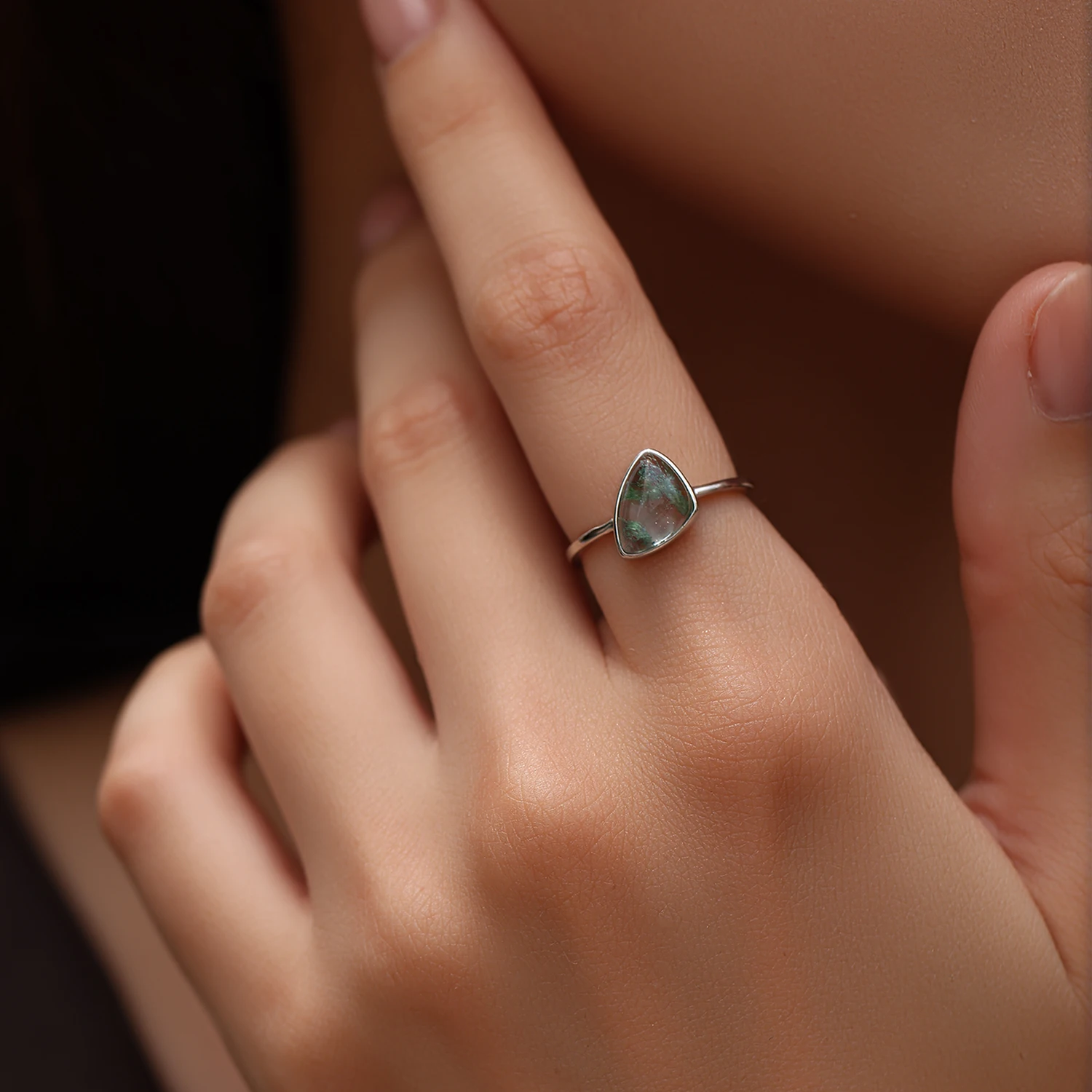 MODIAN 925 Sterling Silver Triangle Moss Agate Ring Bezel Set Solitaire Dainty Thin Band Stackable Finger Ring For Women Jewelry