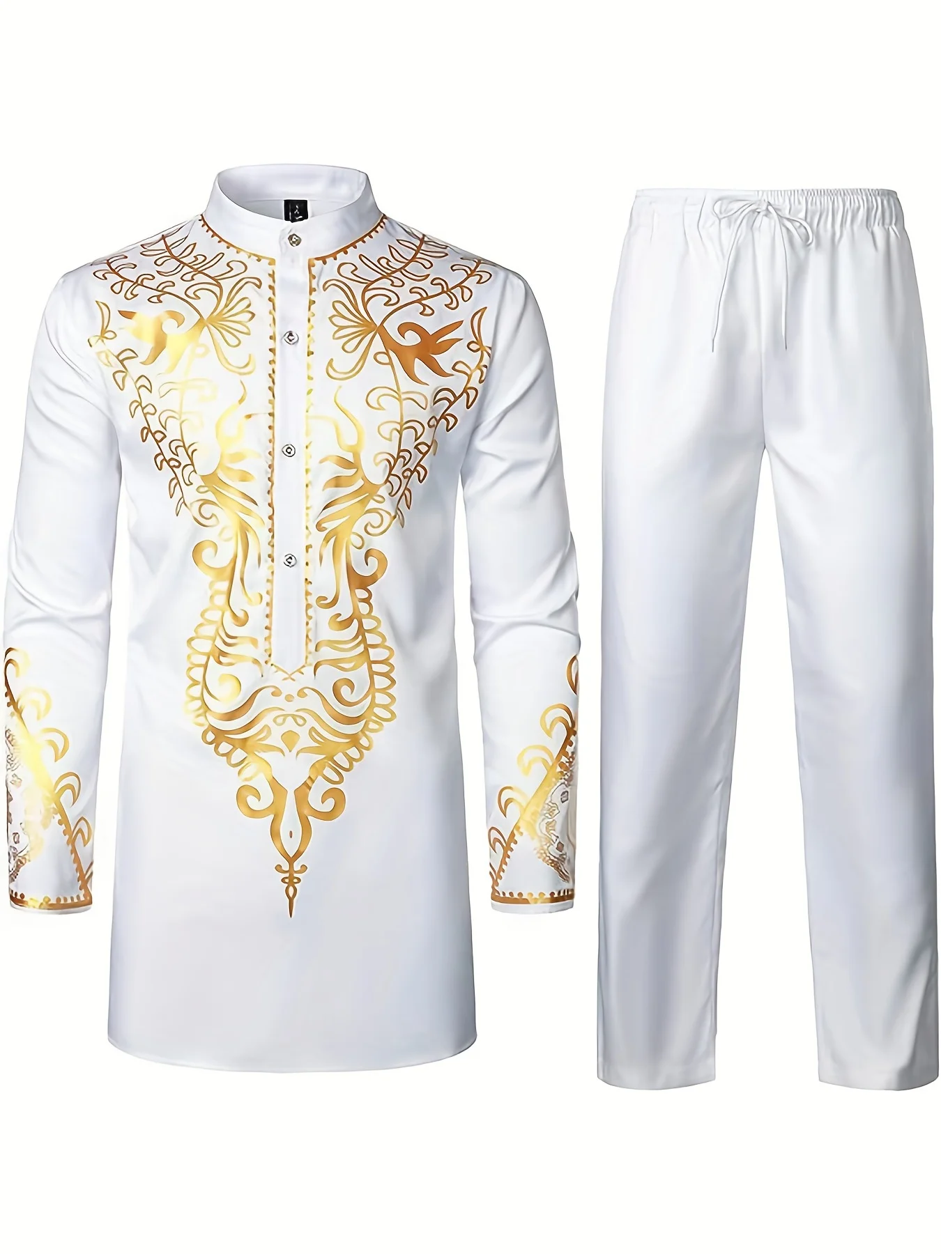 Muslim Robe Ethnic Style Pattern Printing 3D Printing Technology Long Sleeves Long Pants Arab Men's Traditional Clothing Casual