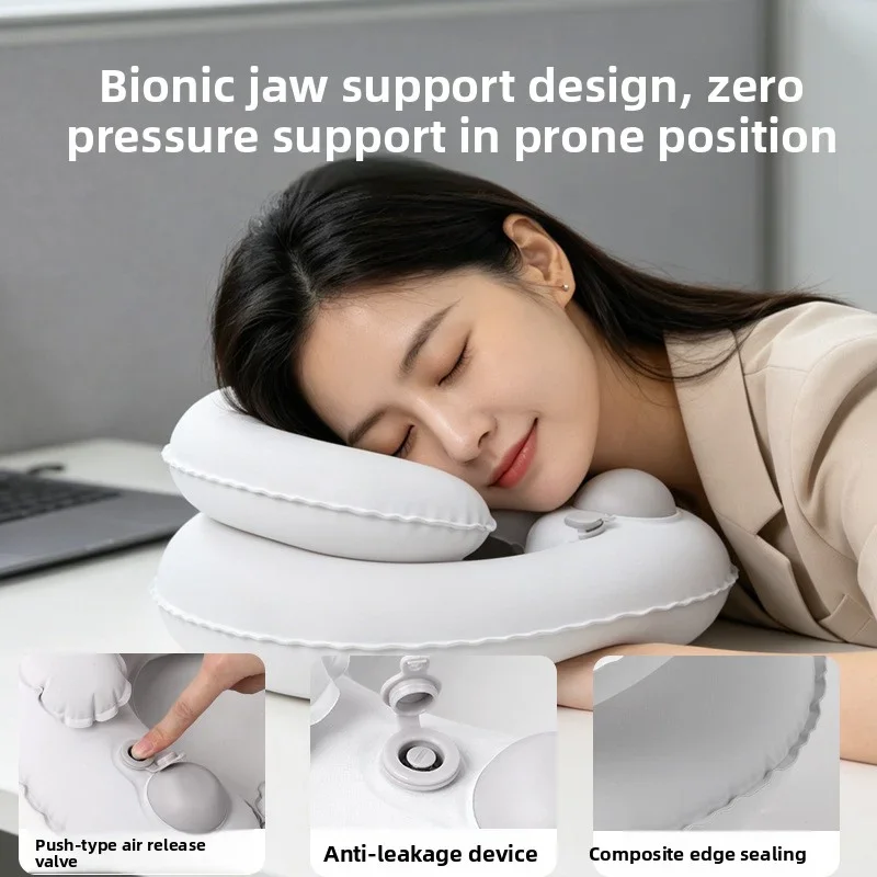 U-shaped travel pillow, press-to-inflate, portable neck support cushion for naps, suitable for long-distance driving and flying