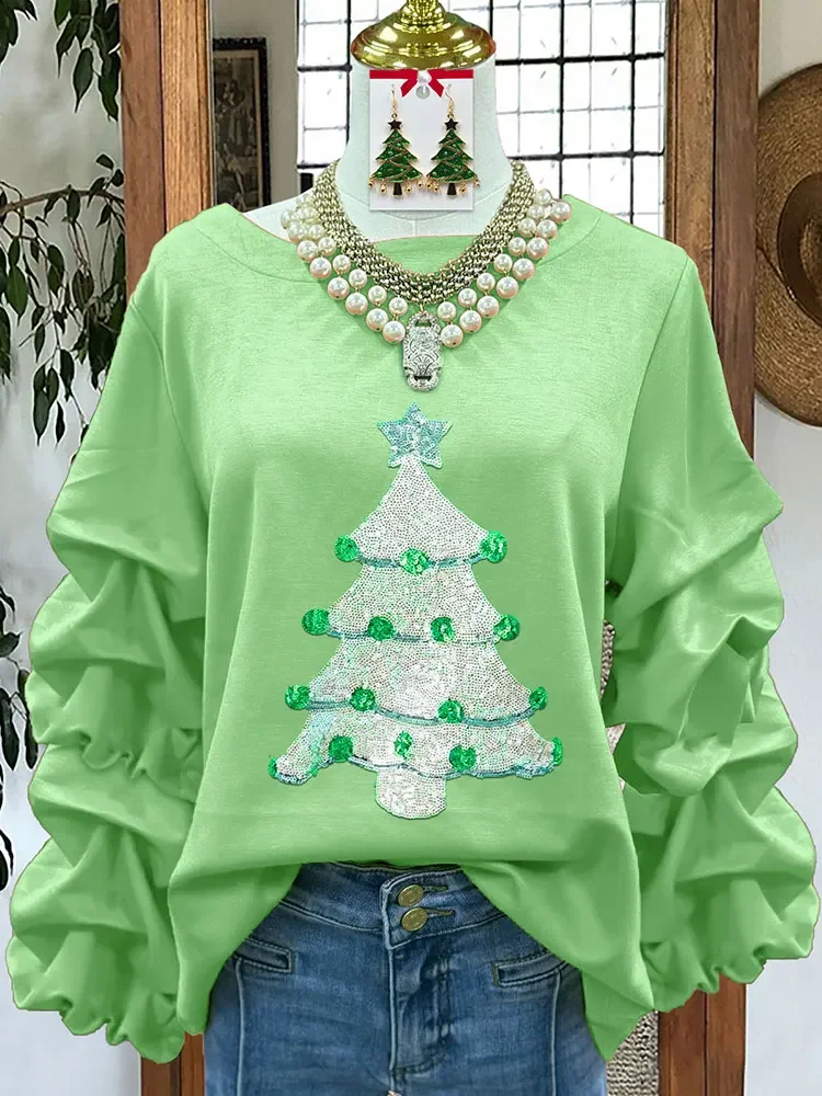 Sweet Christmas Tree Sequined Pleated Top  Women's Sweatshirt