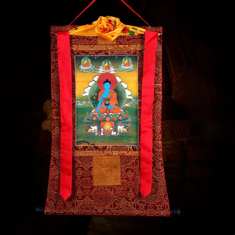 Ethnic Tibetan Medicine Buddha Thangka Mural - Double-layer Brocade Fabric Wall Scroll, Auspicious Healing Meditation Room Decor