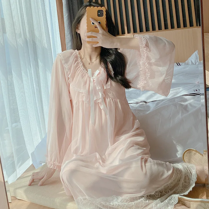 Sweet Palace Style Princess Nightdress Spring Summer Women Nightgown Sleepwear Nightwear Loose Home Dressing Gown Loungewear