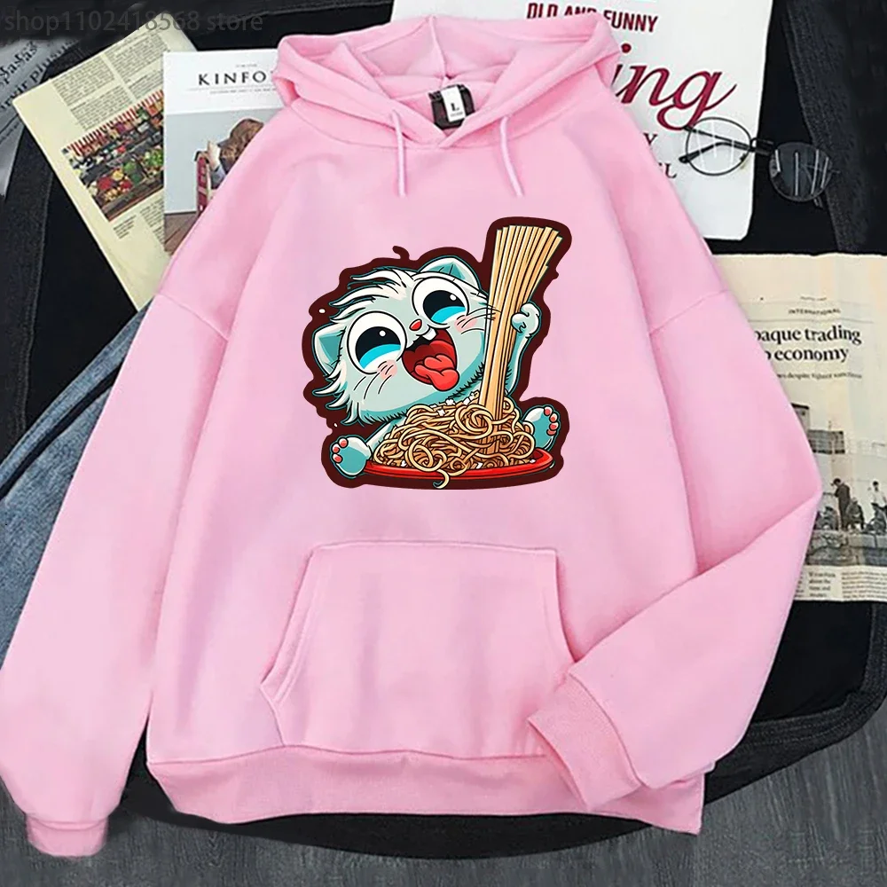 

Cat Eating Spaghetti Hoodies Women Kawaii Animal Graphic Clothes Cartoon Sweatshirt Spring Autumn Casual O-neck Soft Streetwear
