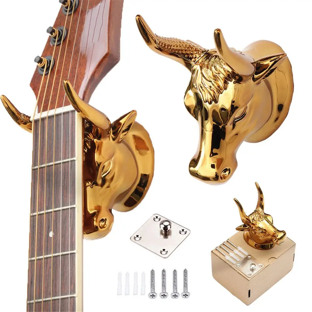 Luxurious Golden Bull Head Shaped Guitar Holder Wall Mount Hook Bass Ukulele Support Stand Home Decorative Rack Storage Support