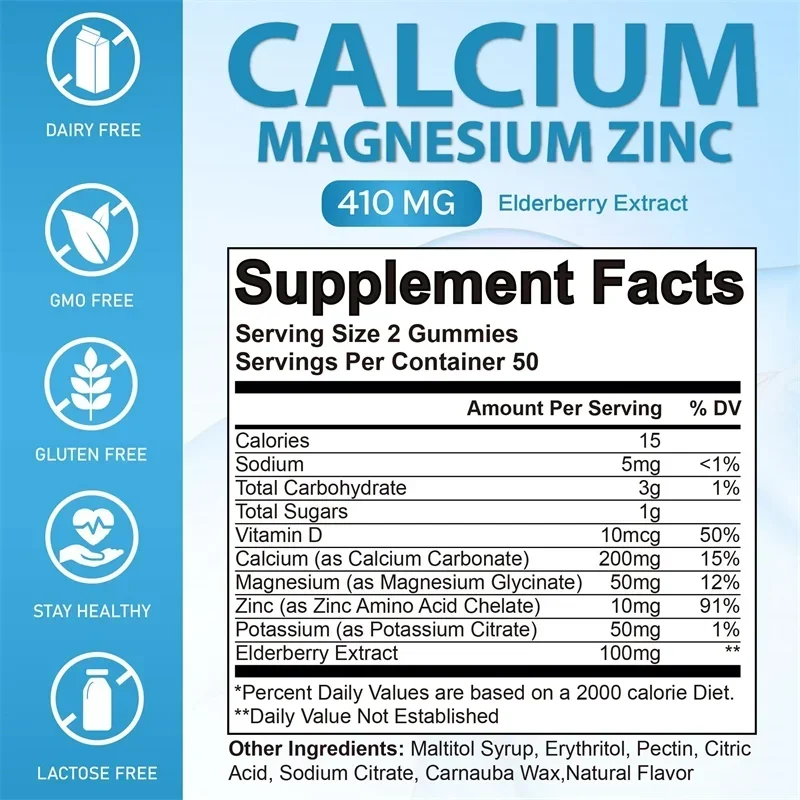 Calcium Magnesium Zinc Gummies - Elderberry Extract, Helps with Bone & Muscle Health, Soothes Emotions, and Improves Sleep