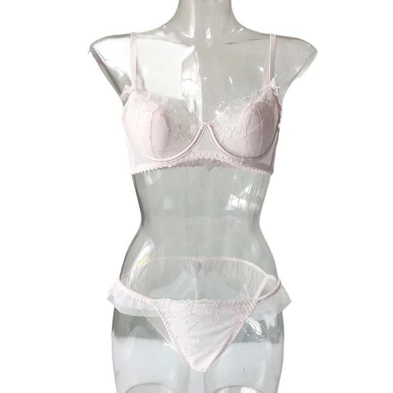 

Lightweight rabbit-ear cup lace bra set, soft underwired medium-gore lingerie and panties