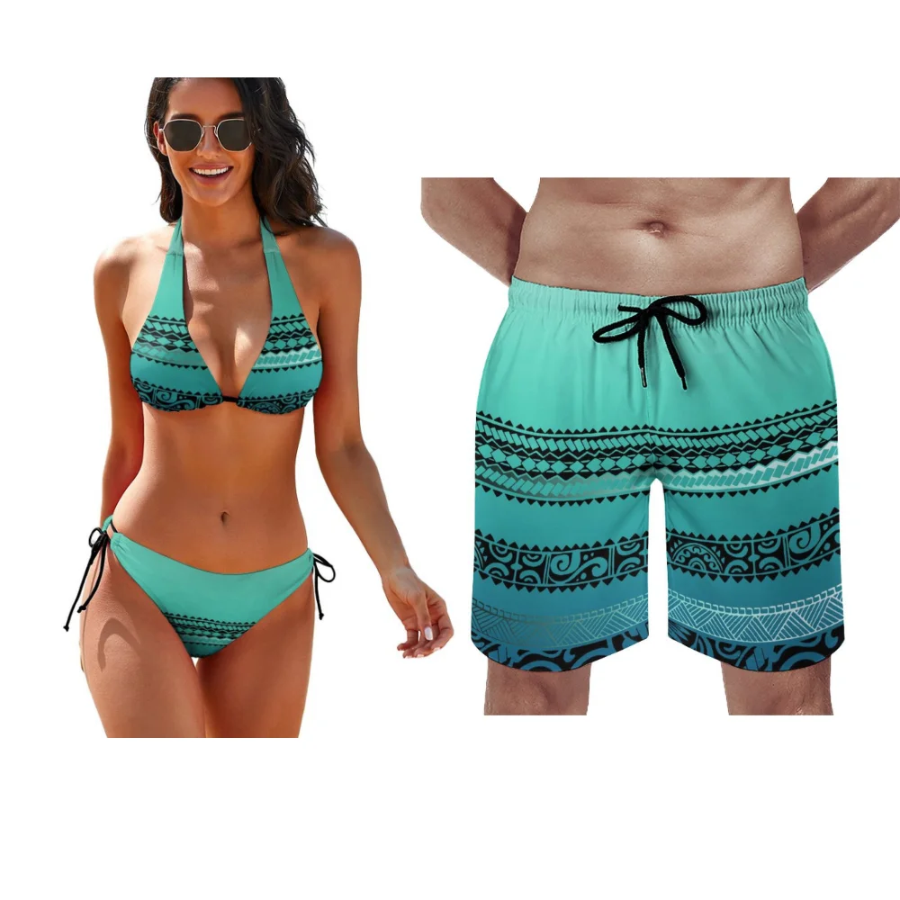 Beach Strap Bikini Polynesian Vintage Tribal Swimsuit With Breast Pad Custom Couple Swimsuit Men's Beach Pants Hawaii