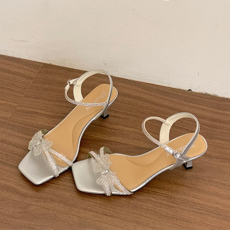 Elegant Women's Sandals Crystal Bow High Heels Shoes Luxury Dress Party Shoes New Pumps Fashion Walking Slides Mujer Flip Flops