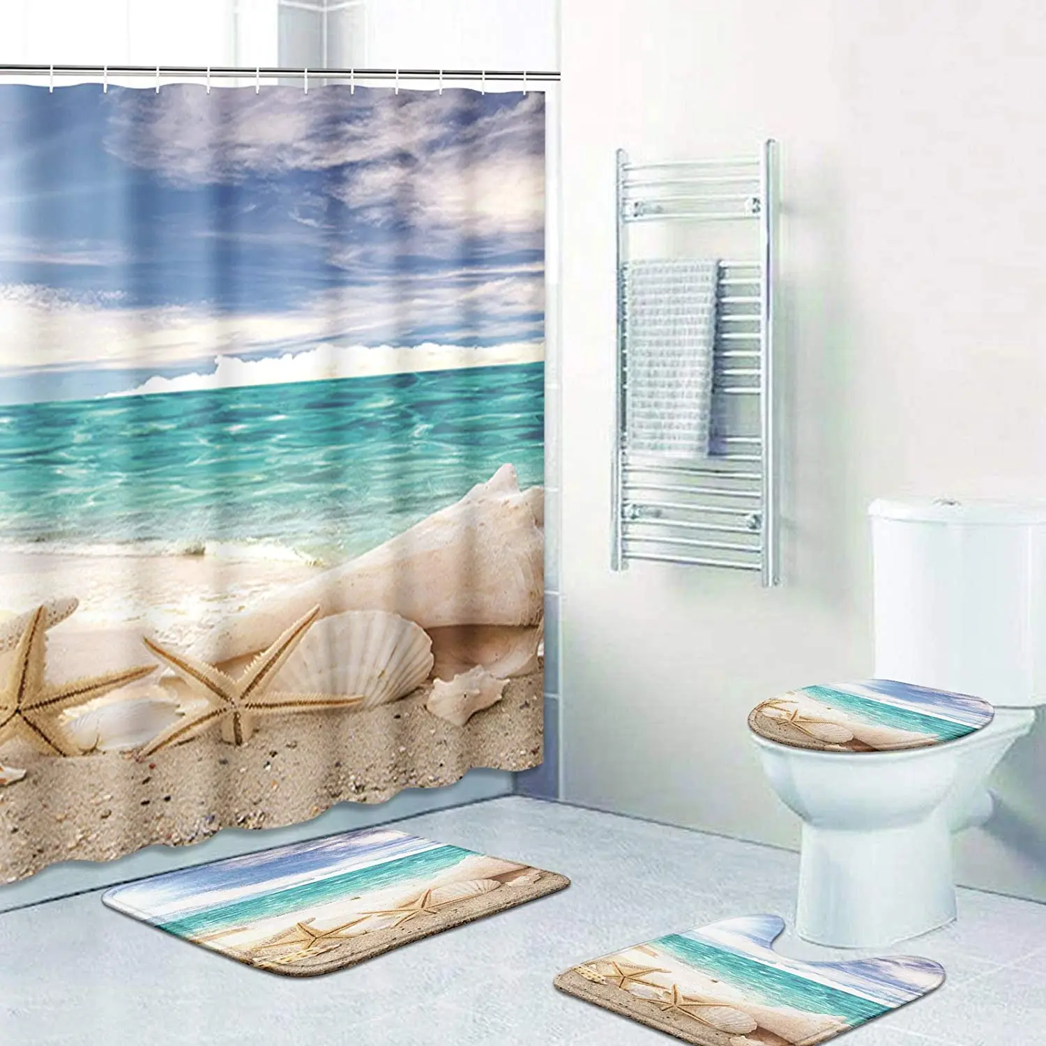 4 Pcs Shower Curtain Set Starfish Seashore Summer Beach Sand Shell Fish Holiday Ocean with Rugs Toilet Lid Cover and Bath Mat