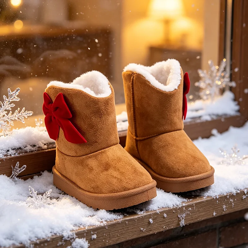 

Toddler Girls Suede Winter Ankle Boots with Red Bow ， Non-Slip TPR Sole