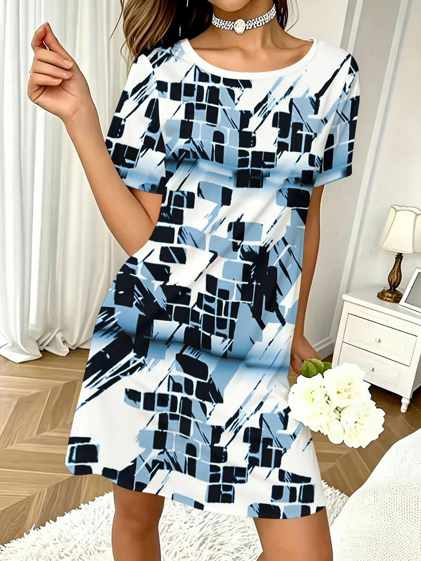 Women's Round Neck Short-Sleeved Dress with White Background and Blue and Black Abstract Geometric Prints, A-Line Casual Dress