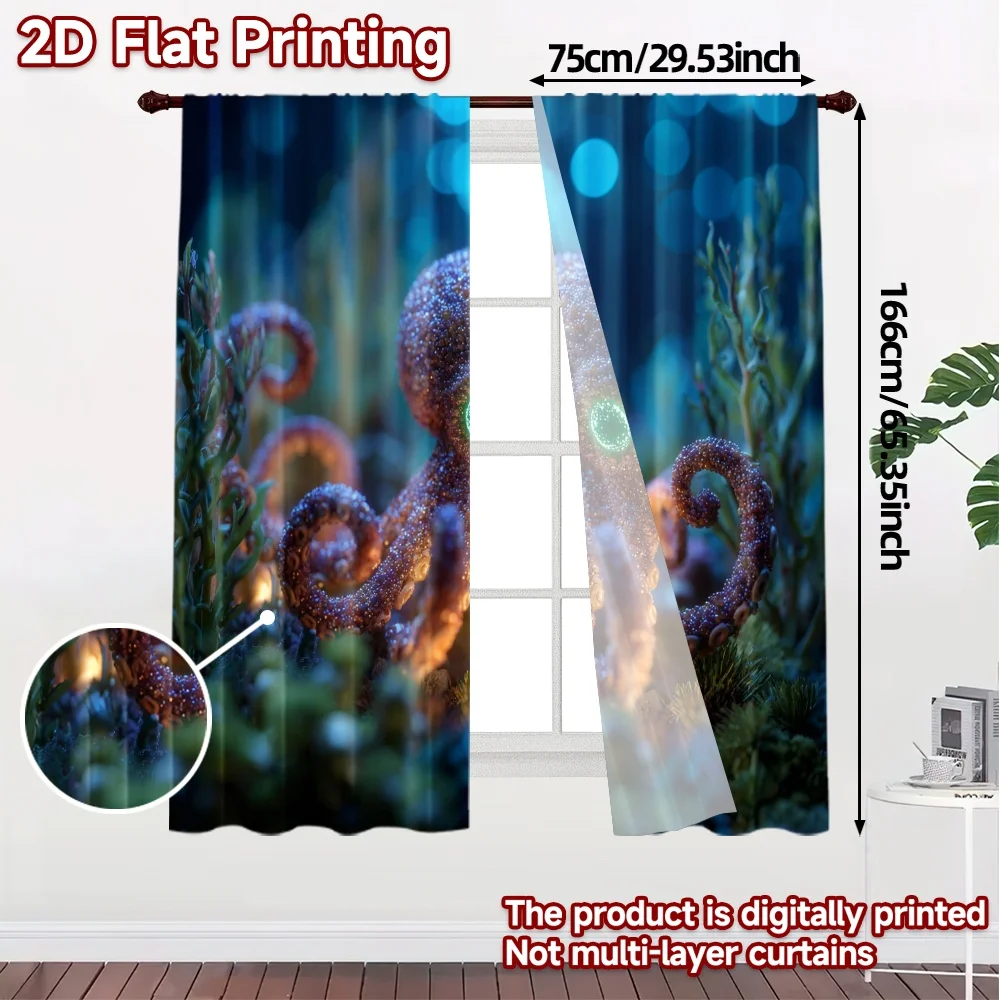 2pcs, 2D FLAT PRINTING Curtains (Without Rod) Glowing Octopus Popular Pattern Curtains Yarn Curtains Thermal Insulation, and