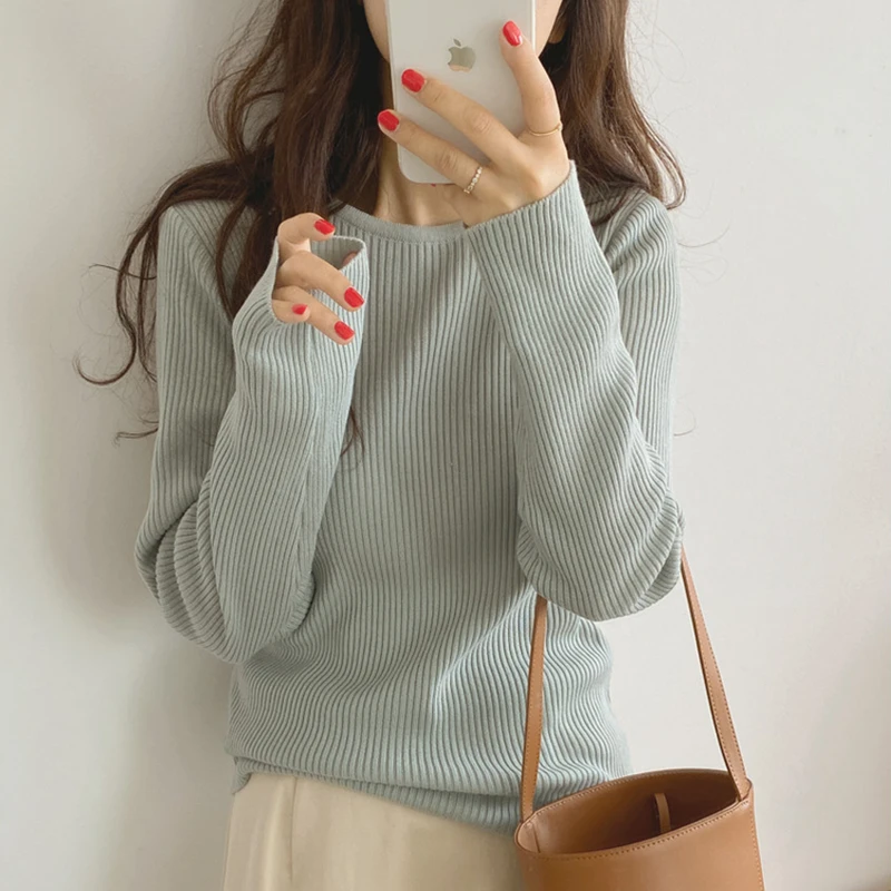 

Korean style Skinny Crew Neck Long Sleeve Knitted Sweater Elastic Bottom Top Women