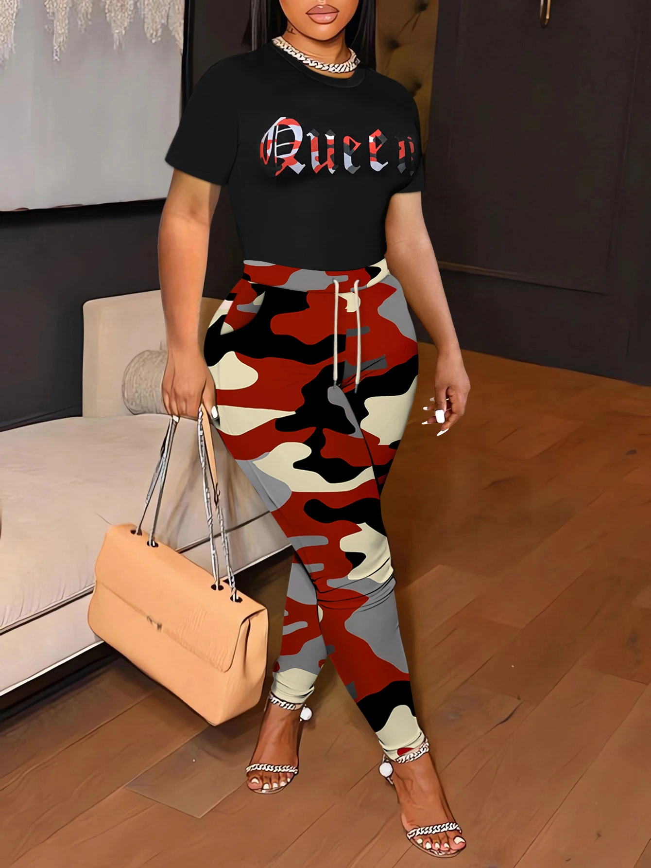 LW Plus Size 2Pcs pants set Camo Queen Letter Print Pants Set Women Casual Tracksuit Basic Slim Tee Shirt Skinny Flared Trousers