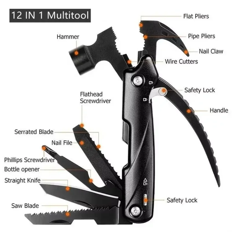 

Multifunctional 12 In 1 EDC Hand Tools Stainless Steel Survival Hammer Claw Hammer Pocket Emergency Outdoor Gear