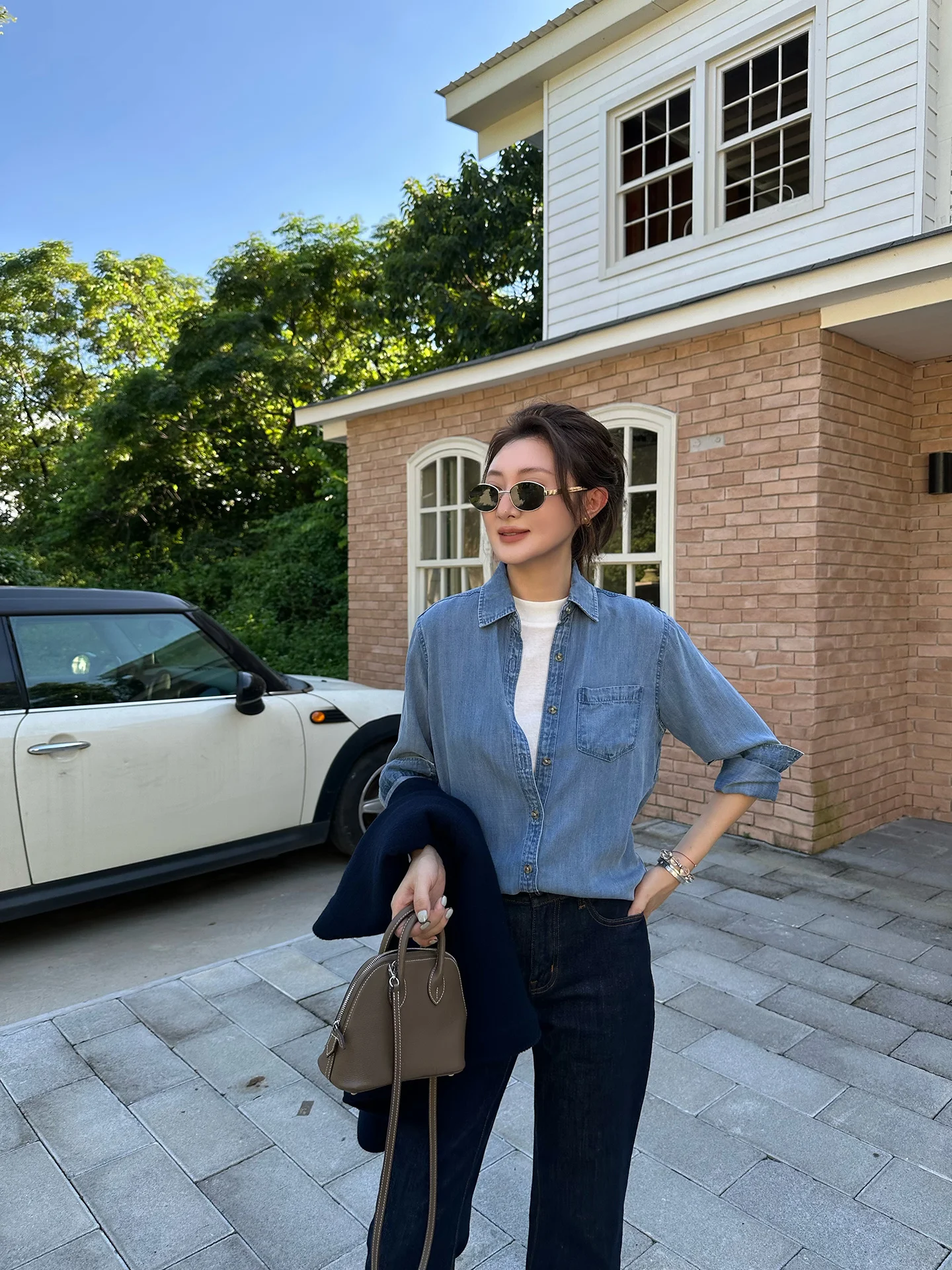 

AIMURSE Denim Casual Shirt High Quality Comfortable Women's Fashion Breathable Lenzing Fiber round Neck Long Sleeve