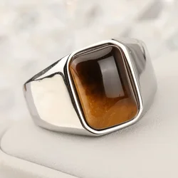 Natural Gemstone Tiger Eye Signet Ring Stainless Steel Waterproof Handmade Jewellery Rings for Men Women Father Boyfriend Gift