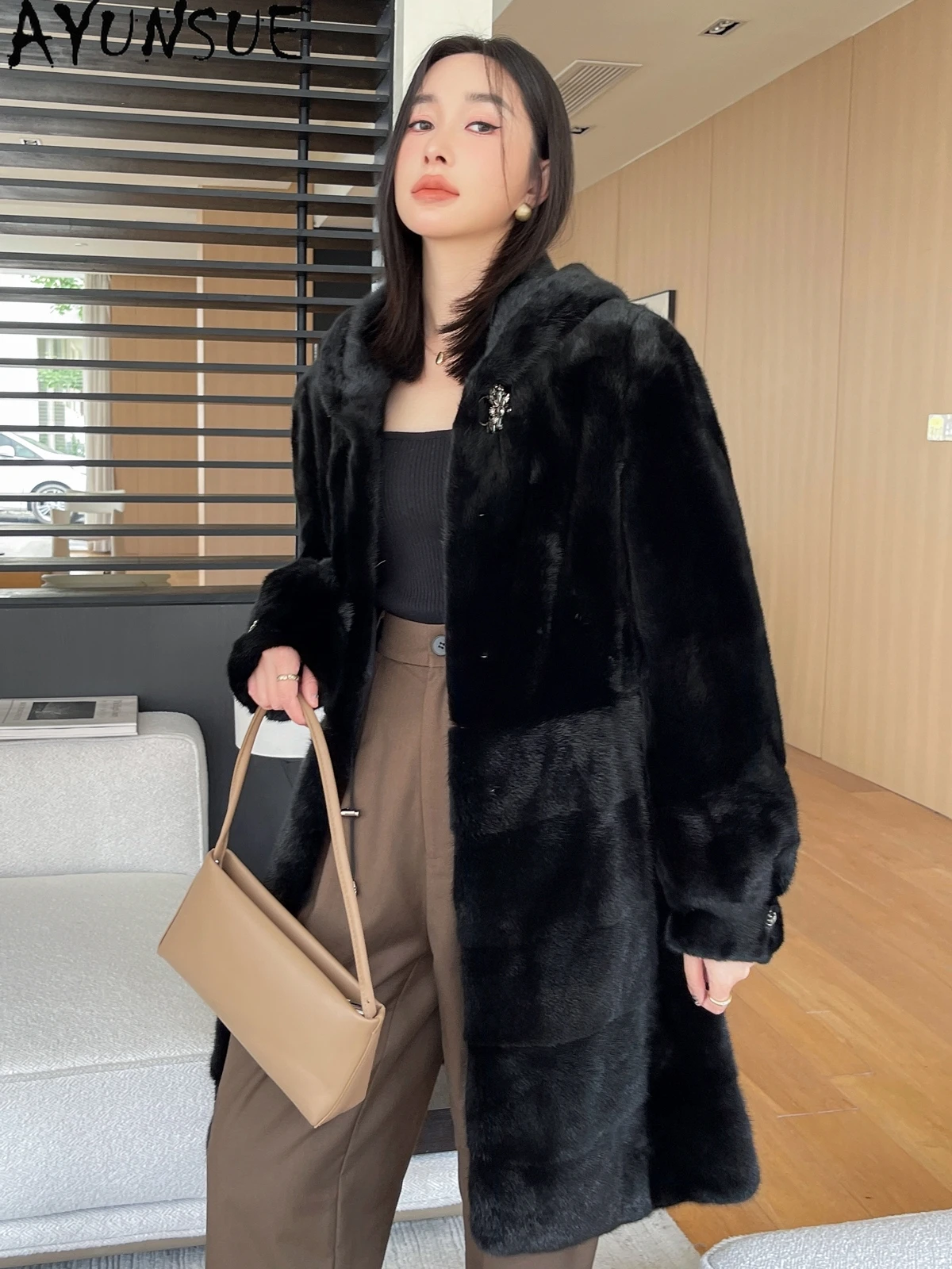 AYUNSUE Natural Mink Fur Coat Woman 2025 Hooded Luxury Whole Mink Coat for Woman Clothing Winter Coat High Quality Шуба Женская