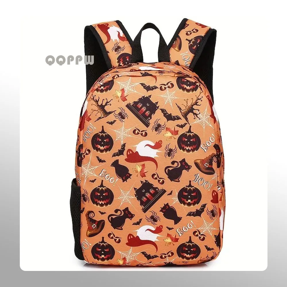 

Halloween Printed Backpack School Bag Laptop Bag with Pumpkin, Skull, Ghost, Ghost Face, and Bat Patterns - Holiday Gift
