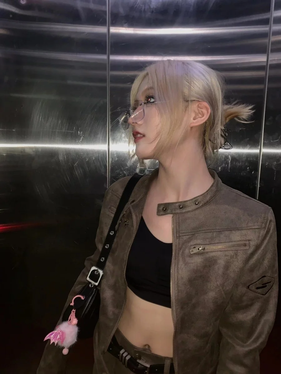 レトロアメリカンクールバイクジッパーブラウンスエードort Jaetレディース秋パンクデザインセンスレザーコートストリートスレ