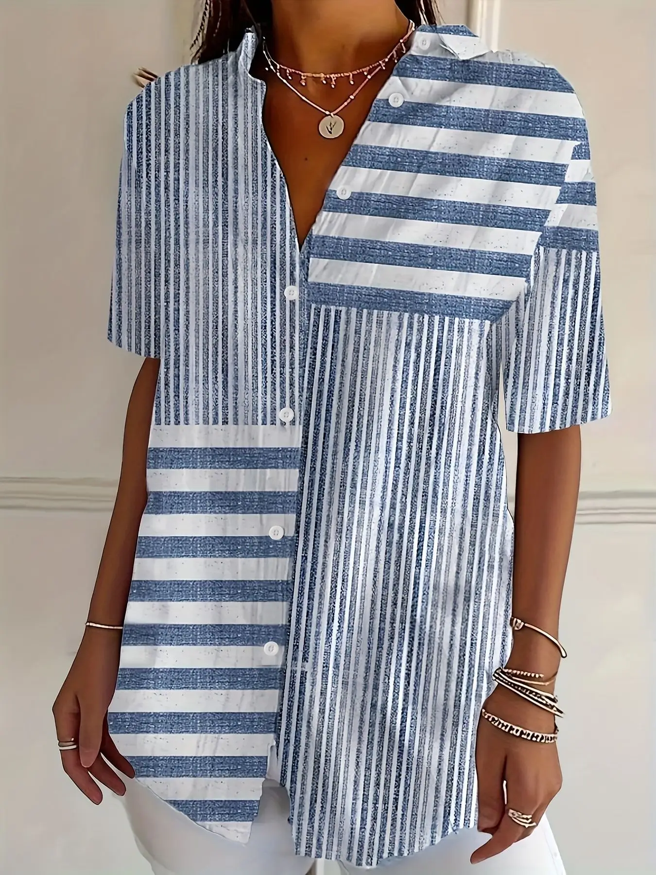 

Women's Mixed Stripe Print Button Down Shirt, Casual Collared Tops for Spring Summer Daily Vacation Wear
