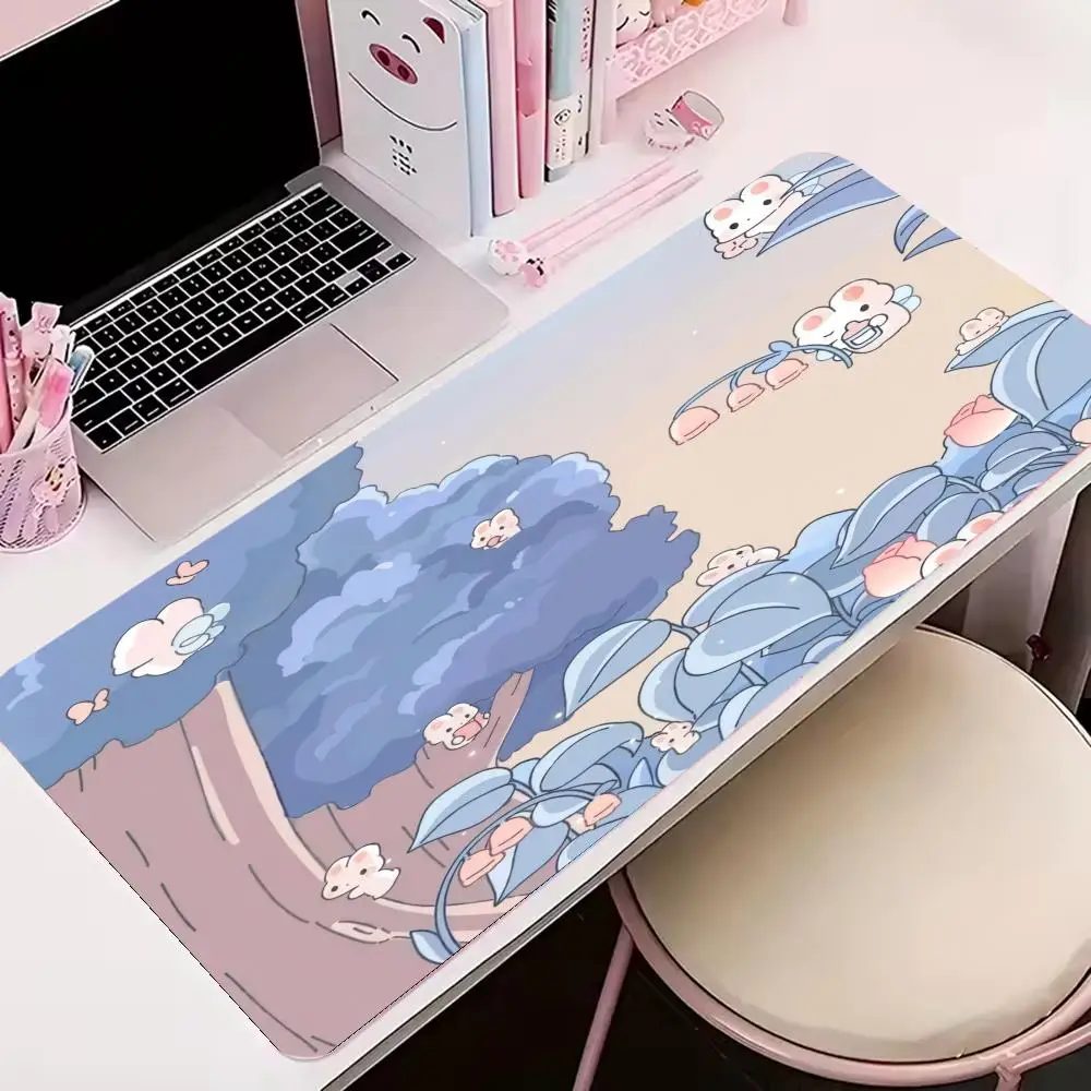 Cute Cat Peach Forest Mouse Pad, Extra Large Lock Edge Gaming Desk Mat, Kawaii Cartoon Office Keyboard Pad