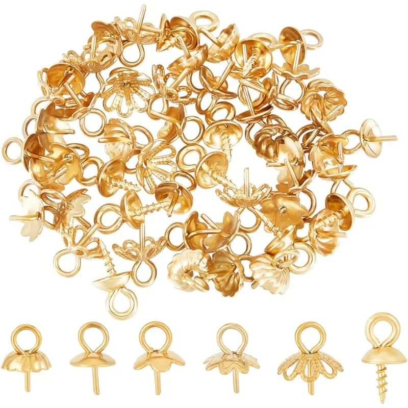 

60 pcs 6 Style Stainless Steel Cups Pearl Peg Bails Pin Pendants Golden Flower Caps Eye Pin Bail Caps Screw Eye Pins Clasps