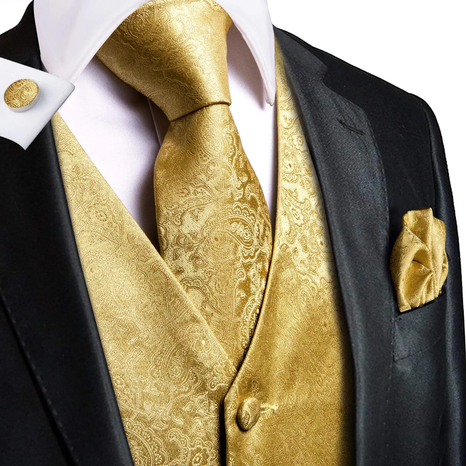 Hi-Tie Luxury Gold Mens Vest Silk Tie Hanky gemelli Set Jacquard Floral Paisley gilet giacca senza maniche per matrimonio maschile