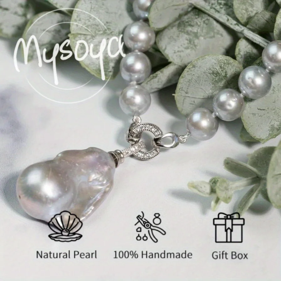 

MYSOYA 7-8 мм + 14-16 мм натуральный серый пресноводный жемчуг в стиле барокко, ожерелье для женщин и мужчин, подарочная коробка, подарок на день рождения, свадьбу