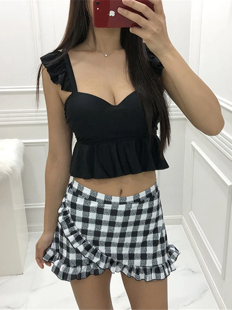 OIINAA Ruffled ชุดว่ายน้ําผู้หญิงต่ําตัดเซ็กซี่ชุดว่ายน้ําลายสก๊อตไม่สม่ําเสมอกระโปรงชายหาดฤดูร้อน 2025 เกาหลี 2 ชิ้น Biquinis