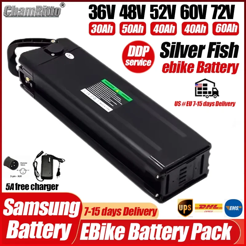 

Электрический велосипед 48 В 52 В Silver Fish eBike Akku Accu 60 В 20 30 40 50 60 Ач 36 В Литиевая батарея 72 В 500 Вт 750 Вт 1500 Вт 2000 Вт Аккумулятор