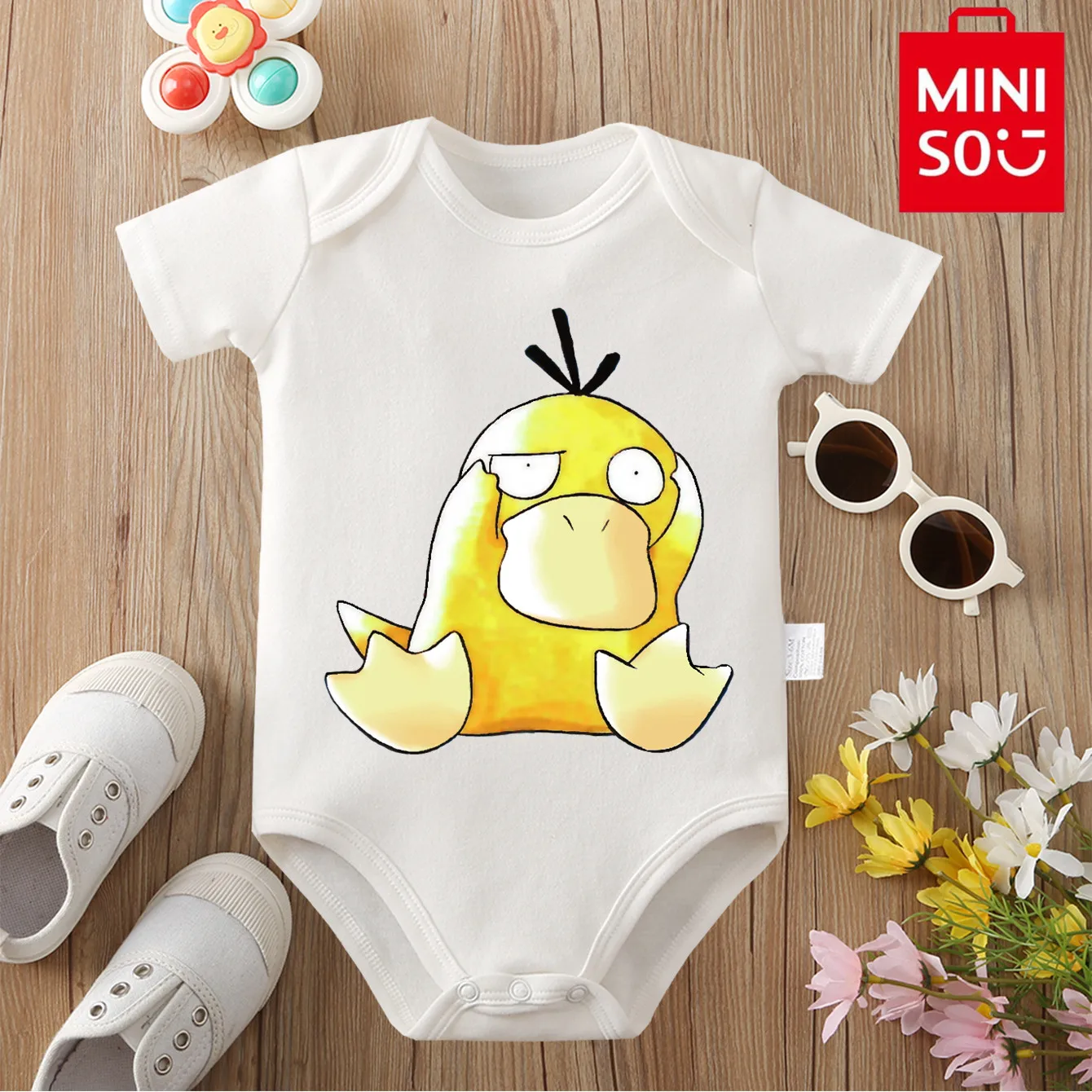

MINISO Psyduck Pikachu с милым принтом из чистого хлопка, удобные тканевые боди для ребенка, комбинезон-комбинезон для новорожденных от 0 до 12 месяцев