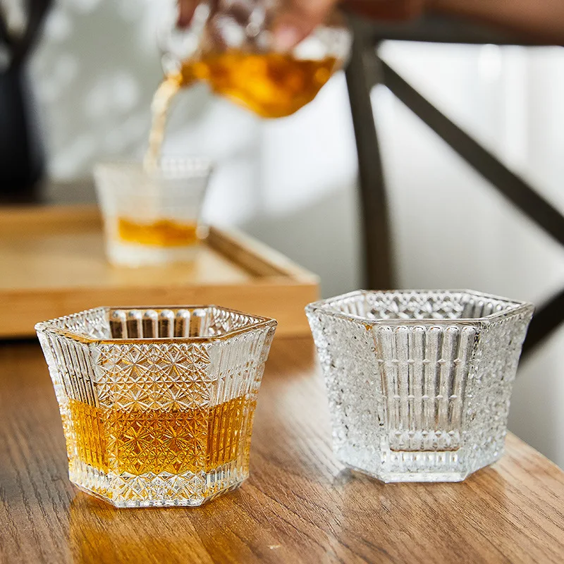 1 Piece 75ml Heat Resistant Tea Cup Elegant Engraving Hexagonal Crystal Bright Shot Glass Small Capacity Sake Soju Glass Cup