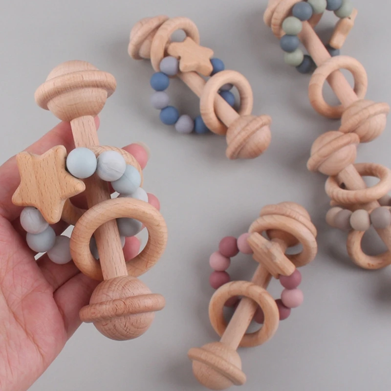 Baby Handshake Bell Wooden Teether Rattle with Bead Ring Star Early Learning Teething Toy for Infant 2M Crib Accessories