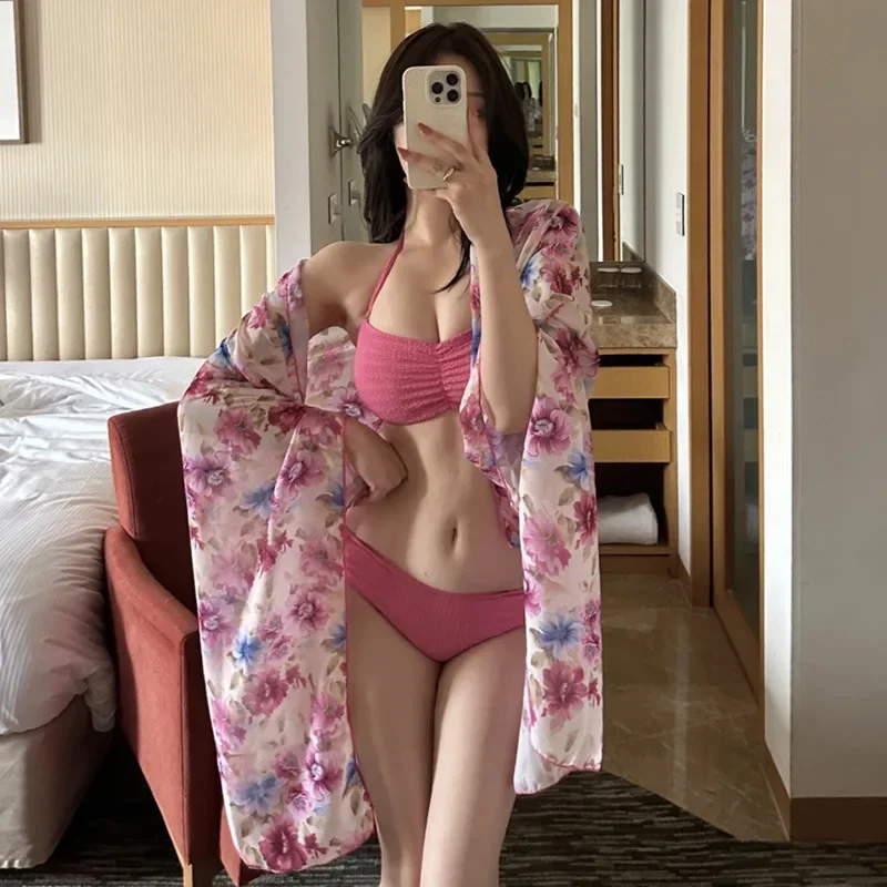 

Pure Desire Pink Bikini Wrap Dress Separate Meat Conceal Slim Sexy with Chest Pad Holiday Swimsuit Women Summer