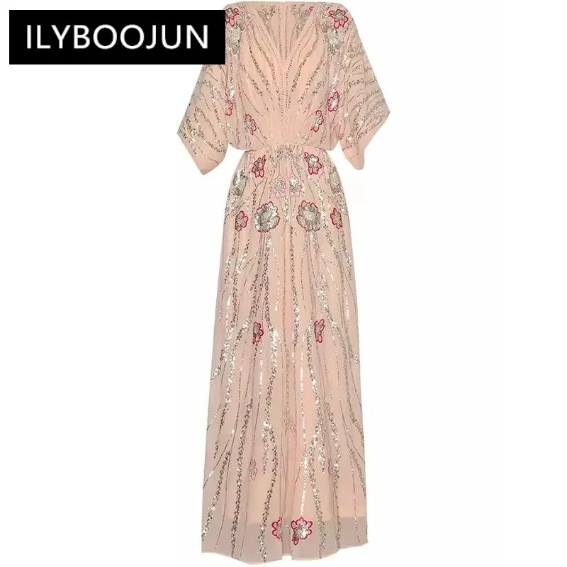 

ILYBOOJUN Fashion Design Spring Summer Women's Batwing V-Neck Batwing Sleeve Sequins Embroidery Beading Streetwear Dresses