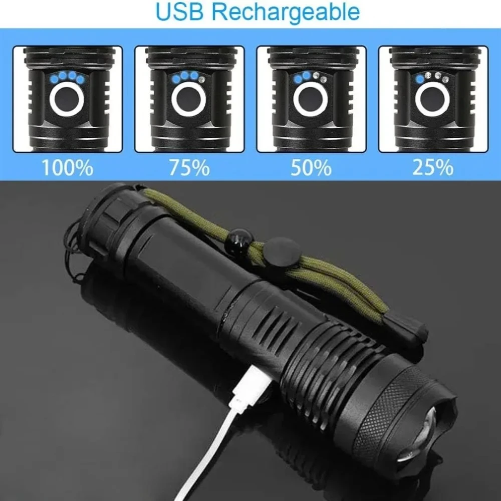 High Power LED Flashlight USB Rechargeable 5 Mode Aluminum Alloy Telescopic Zoom Torch Tactical Lamp for Outdoor Camping Fishing view 5