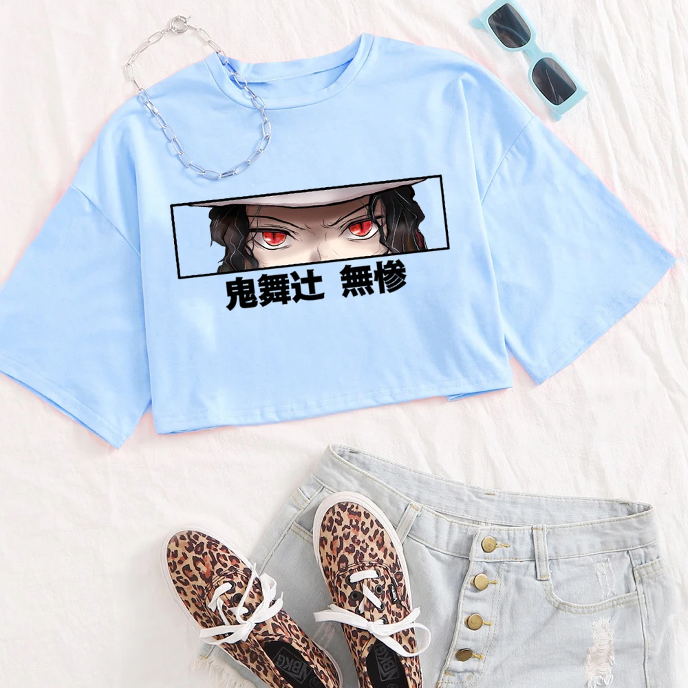 أنيمي شيطان القاتل Muzan Kibutsuji قميص المرأة س الرقبة قصيرة الأكمام المحاصيل القمم تي شيرت هدية