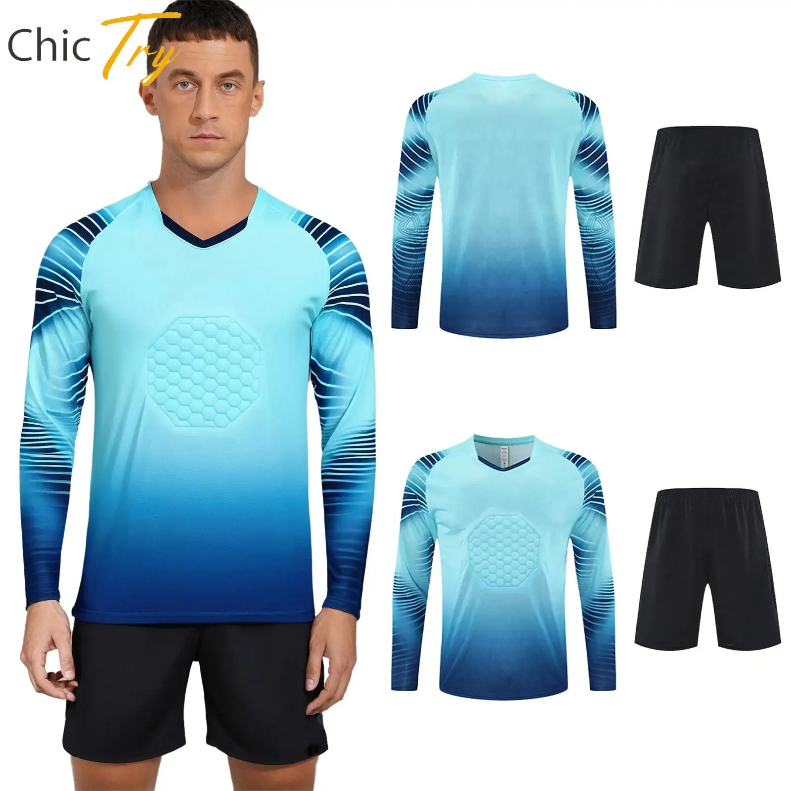 

Mens Football Goalkeeper Outfit Long Sleeve Padded Soccer Jersey Top with Shorts Set for Sports Basketball Running Clothing