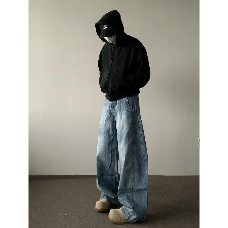 Men Wide Leg Washed Jeans Loose Baggy Denim Long Pants