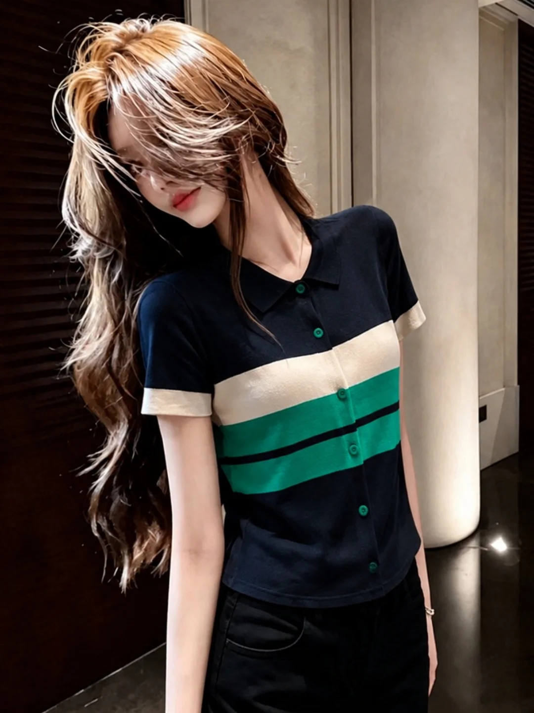 

Elegant Knitted Short Sleeve T-Shirt Collared Slim Fit Summer Fashion Color Block Commute Style Korean Loose Type Top