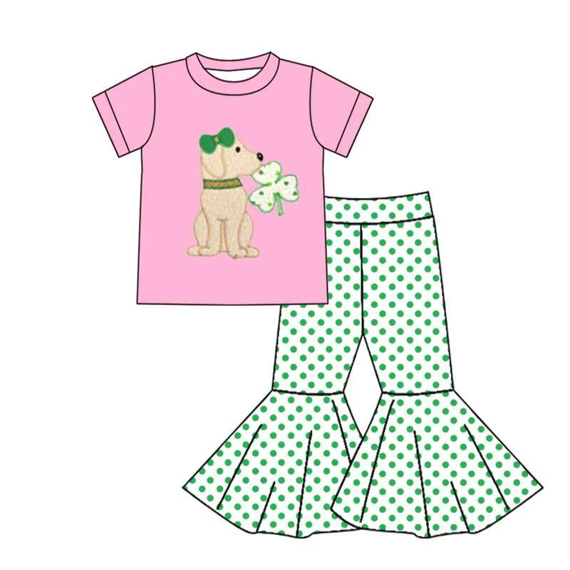 Vestuário infantil estampado de dia de São Patrício, top rosa, bolinhas verde, calça sino, camisa de cachorrinho, festival de verão