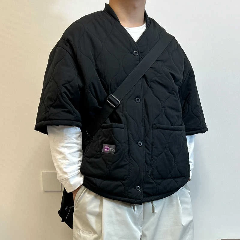 Retro Japanese Style Cotton Jacket Inner  Short Sleeve Unisex Winter Coat Warmth Cleanfit Casual Pure Color Button up